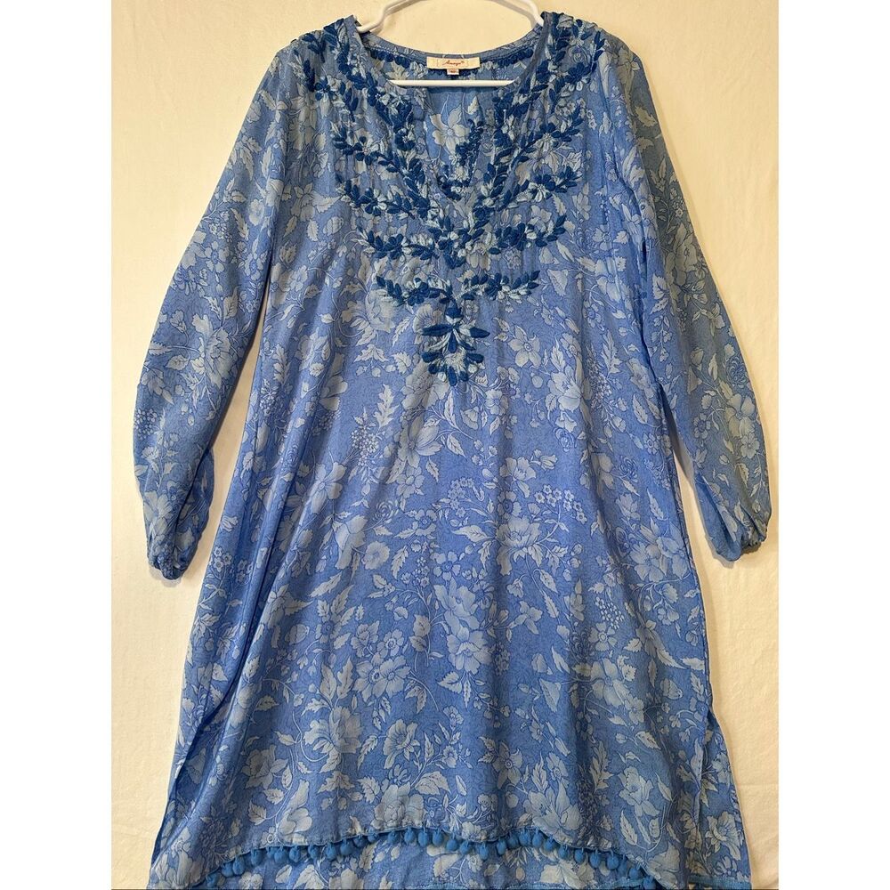 Amaya 100% Silk Embroidered Floral Tunic Dress Blue Boho Pom Trim Women’s 10